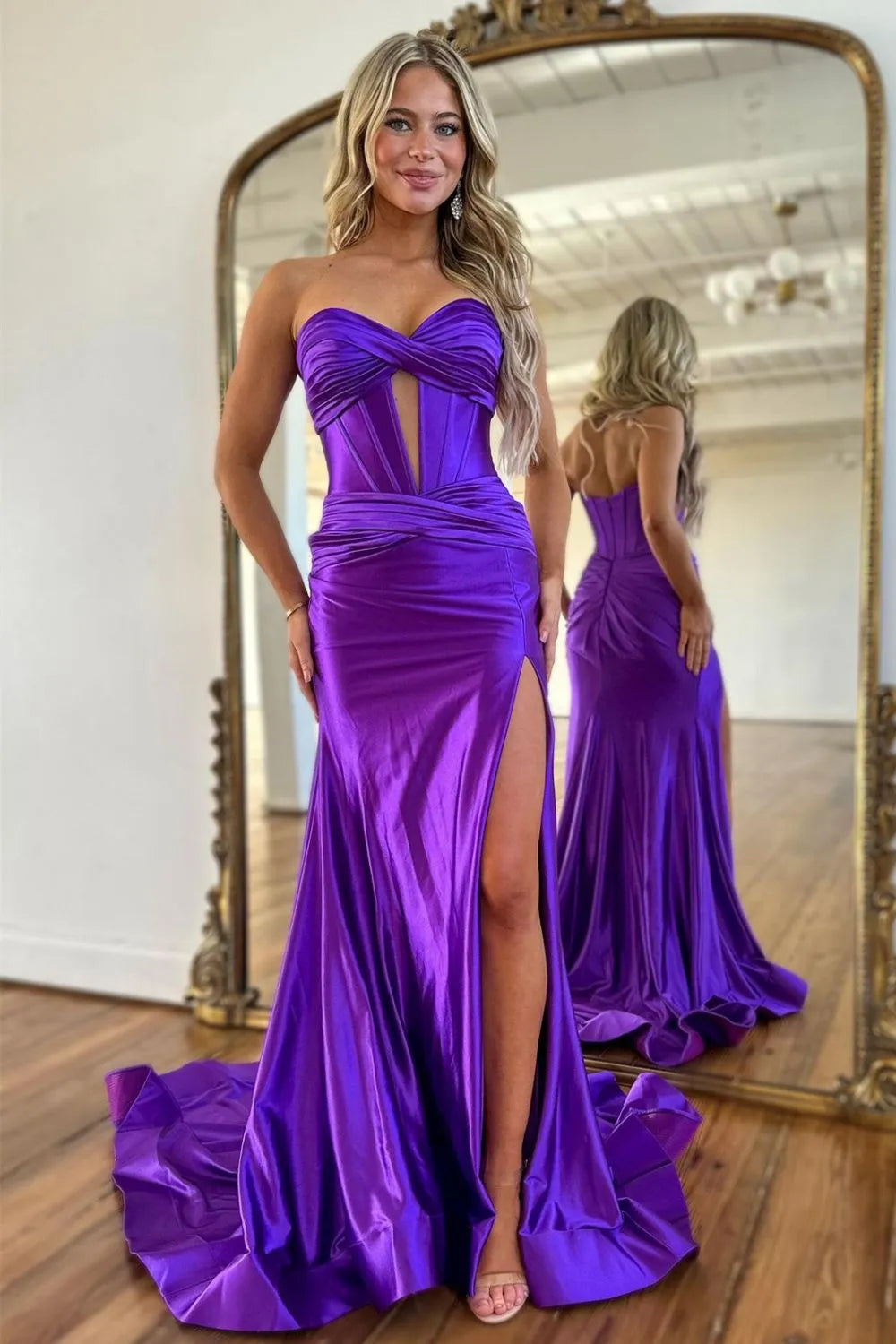 Wholesale Newly Mermaid Sweetheart Long Corset Satin Prom Dress With Split prom dresses with long sleeves